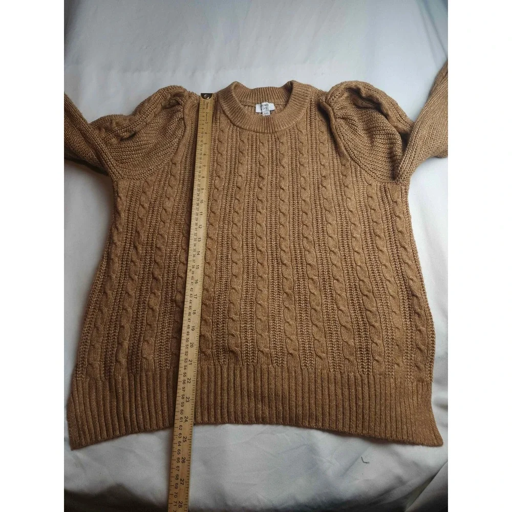 Crown & Ivy Womens XXL Brown Cable Knit Puff Sleeve Crew Neck Sweater Pullover